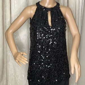Tahari Emille Black Sequin Lined Halter Blouse in S  NWT Original Sold at $178